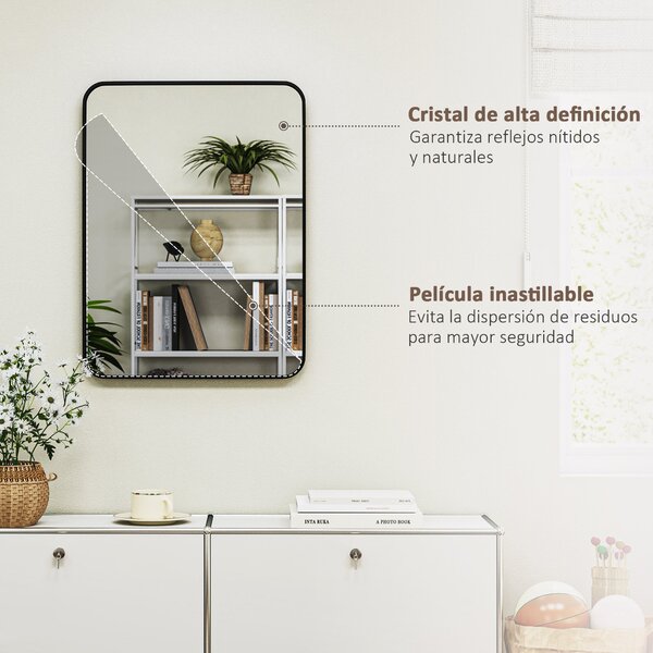 HOMCOM Zrcadlo do koupelny 60x80 cm, dekorativní zrcadlo s kovovým rámem a snadnou instalací na stěnu do obývacího pokoje a předsíně | Aosom