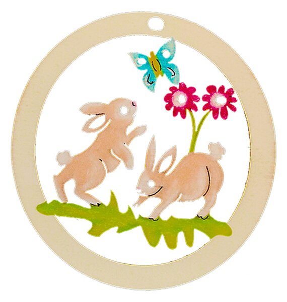 AMADEA Dřevěná ozdoba barevná kulatá zajíci 8 cm, český výrobek