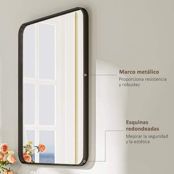 HOMCOM Zrcadlo do koupelny 60x80 cm, dekorativní zrcadlo s kovovým rámem a snadnou instalací na stěnu do obývacího pokoje a předsíně | Aosom