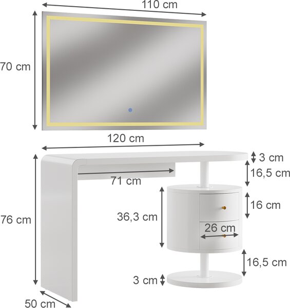 Toaletní stolek Vicco Lara Bílá 120 cm se zrcadlem LED, Model 41558