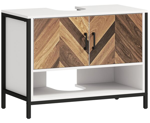 HOMCOM Koupelnová skříňka pod umyvadlo s pedestálem, 2 dveře, vzor herringbone, krémová a ořechová, 80x40x60 cm | Aosom