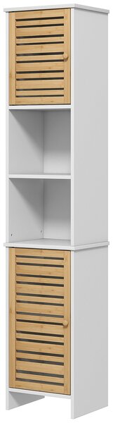 HOMCOM Moderní sloupková koupelnová skříň s nastavitelnými policemi a bezpečnostními bambusovými dveřmi 35x30x170 cm Bílá a přírodní | Aosom