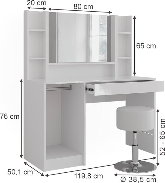 Toaletní stolek Vicco Sherry Bílá/bílý vysoký lesk 119.8 cm 5 dílů, Model 57592
