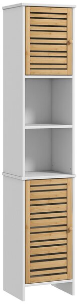HOMCOM Moderní sloupková koupelnová skříň s nastavitelnými policemi a bezpečnostními bambusovými dveřmi 35x30x170 cm Bílá a přírodní | Aosom