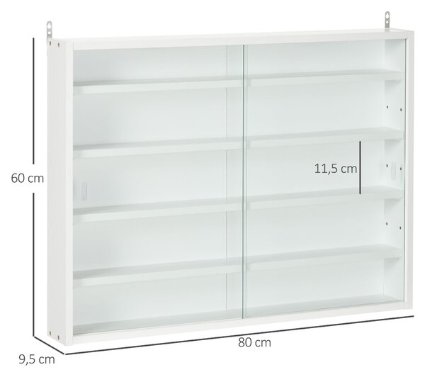 HOMCOM Nástěnná vitrína s nastavitelnými policemi a 2 posuvnými skleněnými dveřmi 80x9,5x60 cm Bílá | Aosom