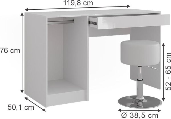 Toaletní stolek Vicco Sherry Bílá/bílý vysoký lesk 119.8 cm se stolicí, Model 57588