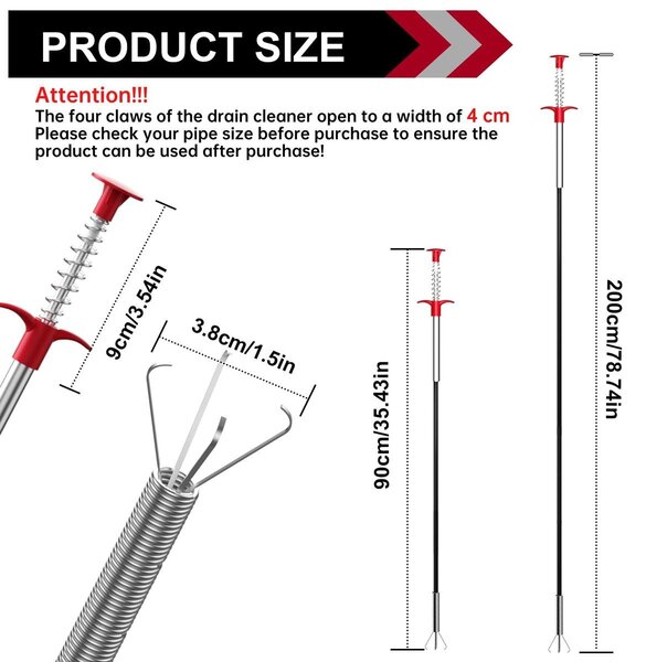 Odtokový háček - Flexibilní spirála - 200 cm a 90 cm - Plast a nerezová ocel - Sada 2 kusů