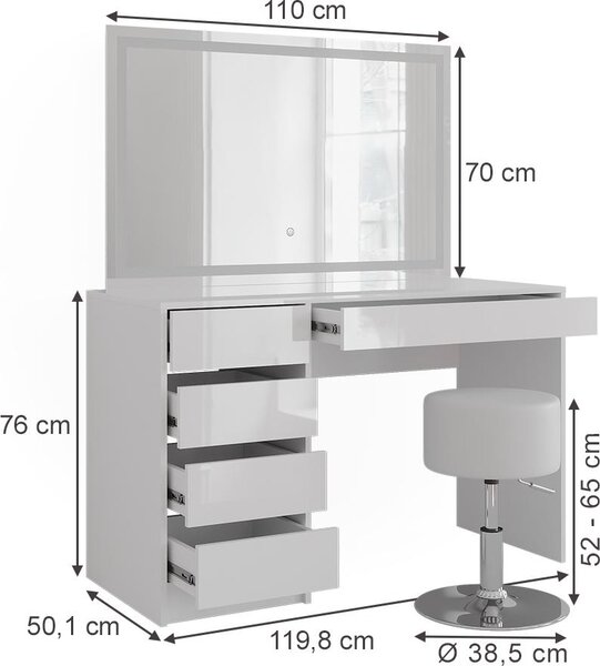 Toaletní stolek Vicco Sherry Bílá/bílý vysoký lesk 119.8 cm s LED zrcadlem a taburetem, Model 57601