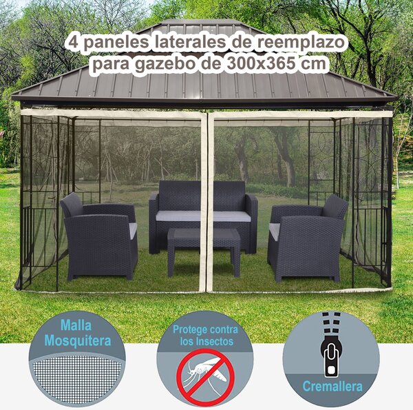 Outsunny 4 boční panely 3,4x2 m pro zahradní altán, síťovina s zipy a kroužky, černá | Aosom