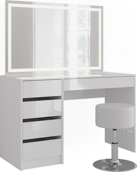Toaletní stolek Vicco Sherry Bílá/bílý vysoký lesk 119.8 cm s LED zrcadlem a taburetem, Model 57601
