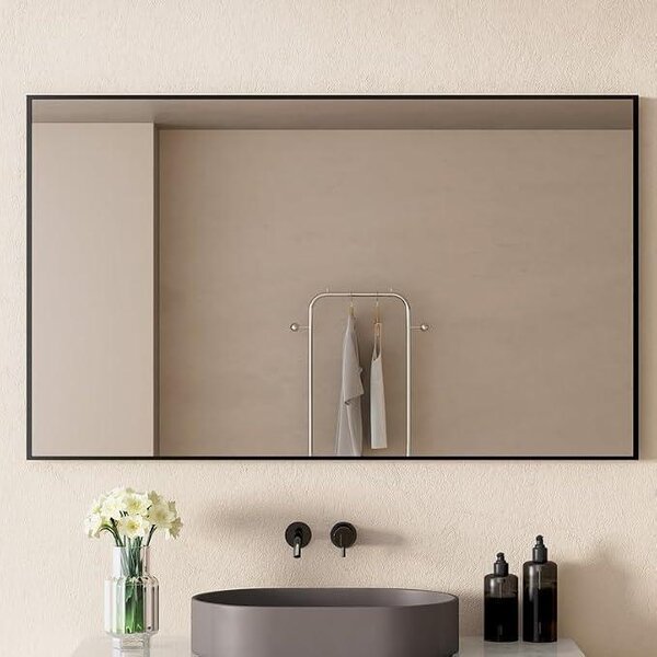 Černý nástěnný zrcadlo 70x120 cm, zrcadlo s černým rámem, velké obdélníkové nástěnné zrcadlo s kovovým rámem, zrcadlo do koupelny, ložnice, obývacího pokoje, šatny, chodby