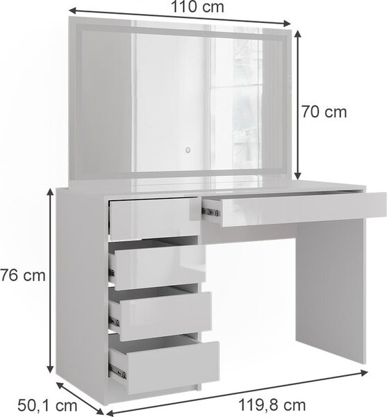 Toaletní stolek Vicco Sherry Bílá/bílý vysoký lesk 119.8 cm s LED zrcadlem, Model 57602