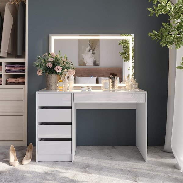 Toaletní stolek Vicco Sherry Bílá/bílý vysoký lesk 119.8 cm s LED zrcadlem, Model 57602