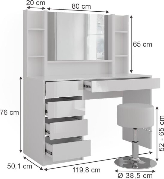 Toaletní stolek Vicco Sherry Bílá/bílý vysoký lesk 119.8 cm 5 dílů, Model 57604