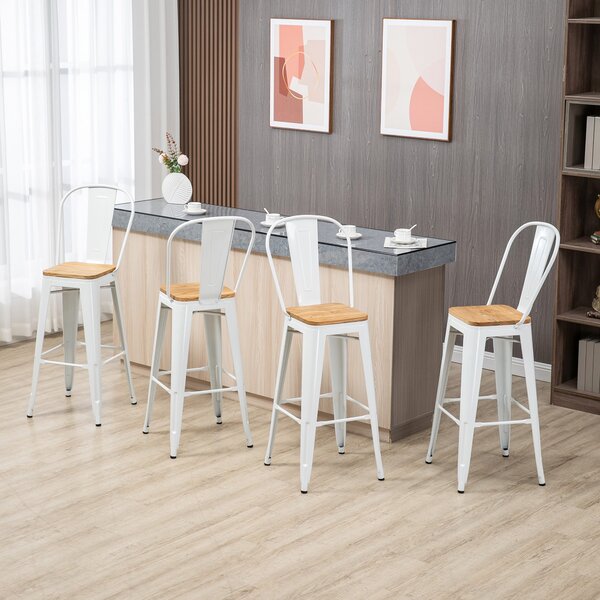 HOMCOM Sada 4 stohovatelných vysokých barových židlí s vysokým opěradlem - Barové židle s opěrkou a nožním opěrným dřevěným sedákem a ocelovým rámem