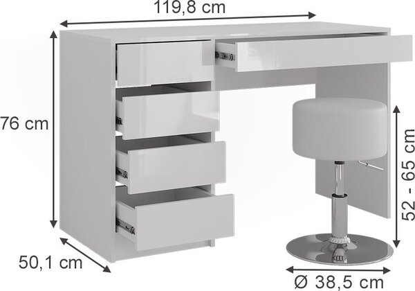Toaletní stolek Vicco Sherry Bílá/bílý vysoký lesk 119.8 cm se stolicí, Model 57600