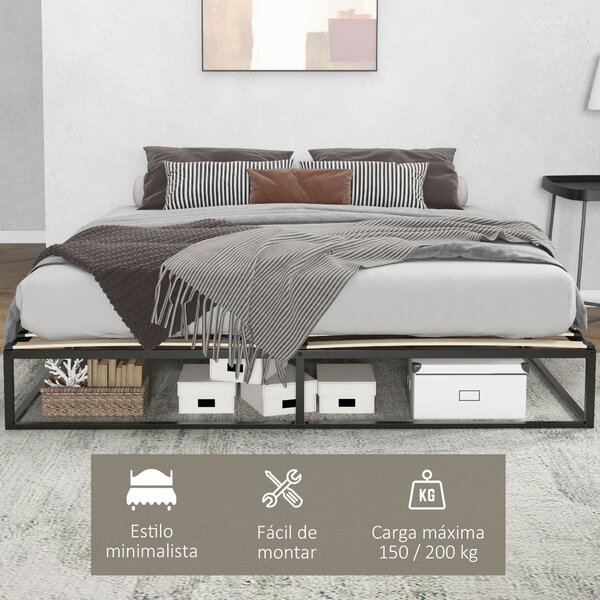 HOMCOM Ocelový rám postele 25 cm Výška rám konstrukce pro matraci 180x200 cm Dřevěný latový základ pro 1-2 osoby Moderní styl Černá | Aosom