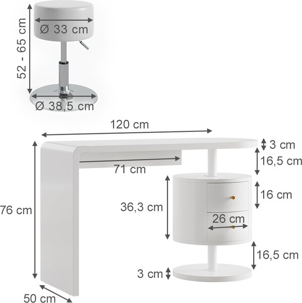 Toaletní stolek Vicco Lara Bílá 120 cm se stoličkou, Model 41559