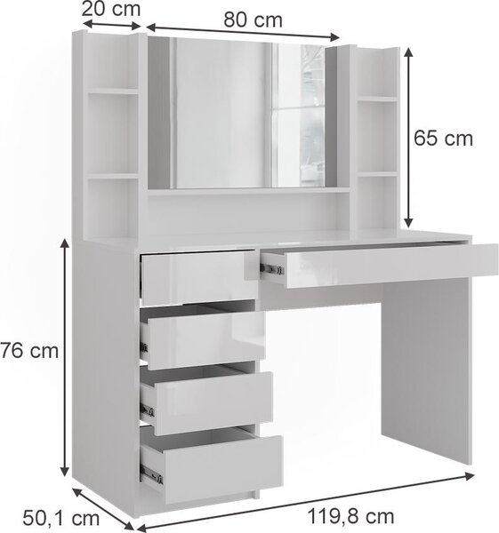 Toaletní stolek Vicco Sherry Bílá/bílý vysoký lesk 119.8 cm 4 díly, Model 57606