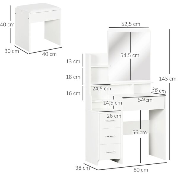 HOMCOM Toaletní stolek s taburetem a zrcadlem, toaletní stůl se 4 zásuvkami, 4 úložnými prostory, moderní styl, 80x38x143 cm Bílá | Aosom