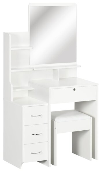 HOMCOM Toaletní stolek s taburetem a zrcadlem, toaletní stůl se 4 zásuvkami, 4 úložnými prostory, moderní styl, 80x38x143 cm Bílá | Aosom