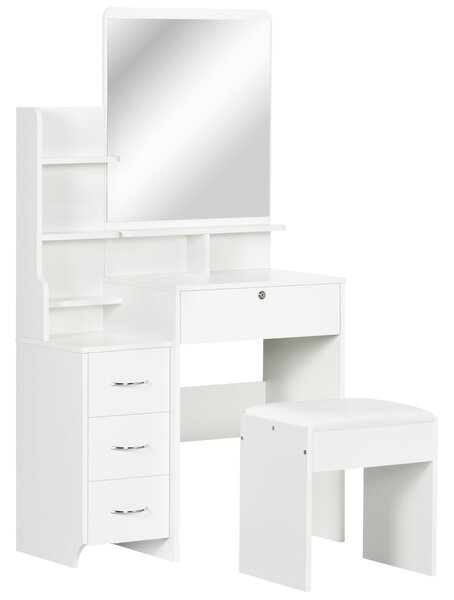 HOMCOM Toaletní stolek s taburetem a zrcadlem, toaletní stůl se 4 zásuvkami, 4 úložnými prostory, moderní styl, 80x38x143 cm Bílá | Aosom