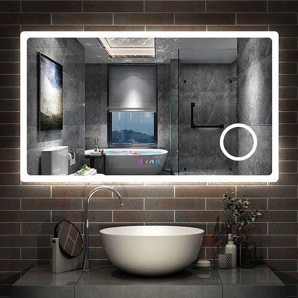 Zrcadlo do koupelny 120×70 cm, 3 barvy světla (2700-6500K), stmívatelné, nástěnné zrcadlo s hodinkami, dotykové ovládání, proti zamlžování, zvětšovací zrcadlo s 3x zvětšením, krytí IP44, studená/neutrální/teplá bílá, úsporné