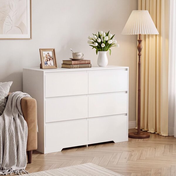 Komoda BEALIFE, rozměry 100x35x75 cm, s 6 zásuvkami | Vyrobena z MDF, s bezpečnostním systémem proti převrácení | Bílá barva | Model AP140