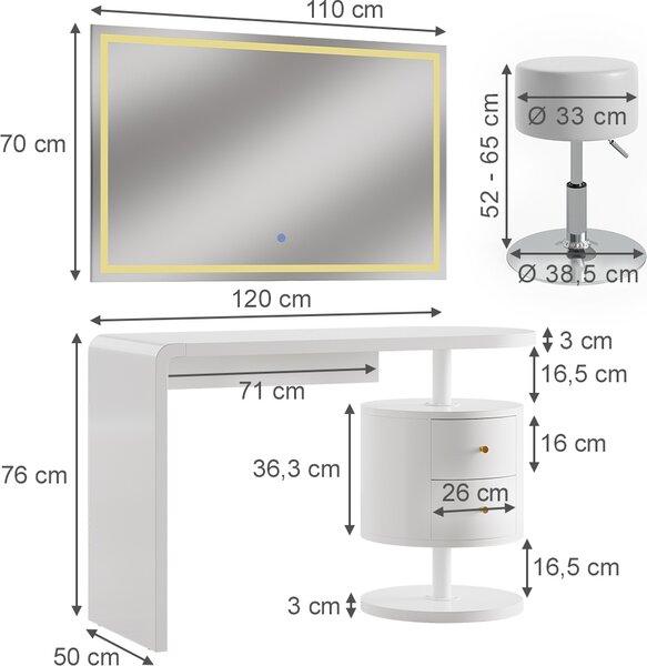 Toaletní stolek Vicco Lara Bílá 120 cm se zrcadlem LED a stoličkou, Model 41557