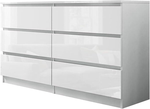 Komoda s 6/7/8 zásuvkami, moderní komoda s vysokým leskem, skříňka s zásuvkami, komoda do ložnice, vhodná do obývacího pokoje, ložnice, kanceláře, konferenčních místností, snadná montáž (bílá, 6 zásuvek)