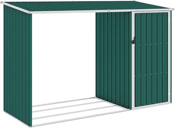 Sklad na dřevo do zahrady, kryt na palivo do krbu, regál na dřevo, přístřešek, skladovací budova, zahradní domek, kůlna, rozměry 245x98x159 cm, pozinkovaná ocel (zelená)