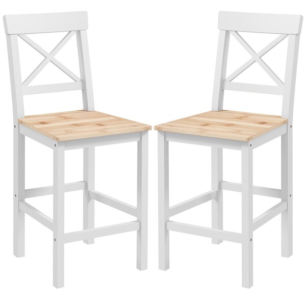 HOMCOM Set 2 Barových Židlí Vysoký Sedák 60,2 cm Dřevěné Kuchyňské Židle s Opěrkou a Podnožkou Nosnost 120 kg pro Jídelnu a Obývací Pokoj Přírodní a B