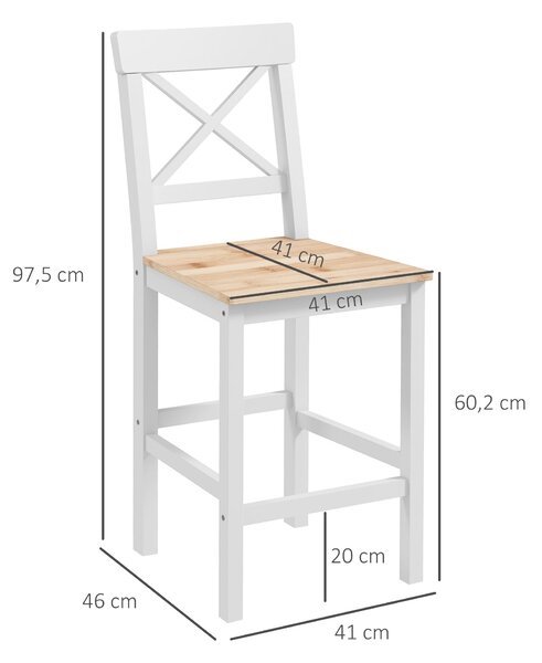 HOMCOM Set 2 Barových Židlí Vysoký Sedák 60,2 cm Dřevěné Kuchyňské Židle s Opěrkou a Podnožkou Nosnost 120 kg pro Jídelnu a Obývací Pokoj Přírodní a B