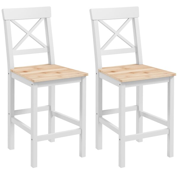 HOMCOM Set 2 Barových Židlí Vysoký Sedák 60,2 cm Dřevěné Kuchyňské Židle s Opěrkou a Podnožkou Nosnost 120 kg pro Jídelnu a Obývací Pokoj Přírodní a B