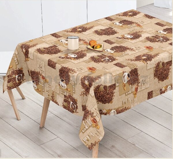 Ubrus PVC 178A zrnka kávy s hrníčky metráž, 20 m x 140 cm, IMPOL TRADE