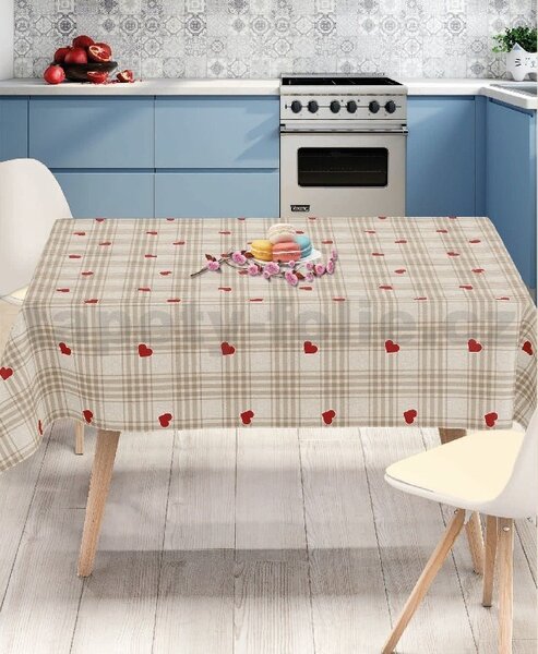 Ubrus PVC 198A hnědé káro se srdíčky metráž, 20 m x 140 cm, IMPOL TRADE
