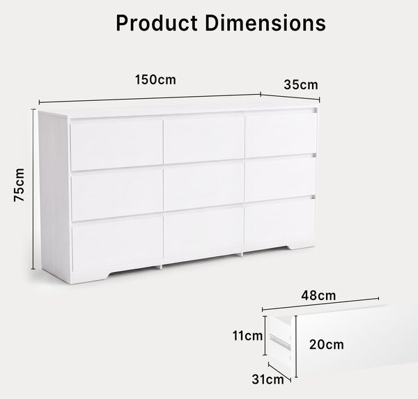 Komoda BEALIFE, rozměry 150x35x75 cm, s 9 zásuvkami | Vyrobena z MDF, s bezpečnostním systémem proti převrácení | Bílá barva | Model AP142
