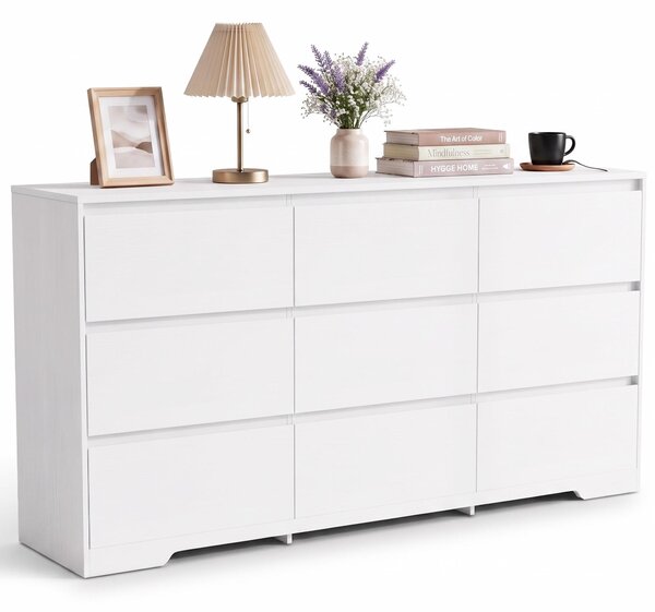 Komoda BEALIFE, rozměry 150x35x75 cm, s 9 zásuvkami | Vyrobena z MDF, s bezpečnostním systémem proti převrácení | Bílá barva | Model AP142