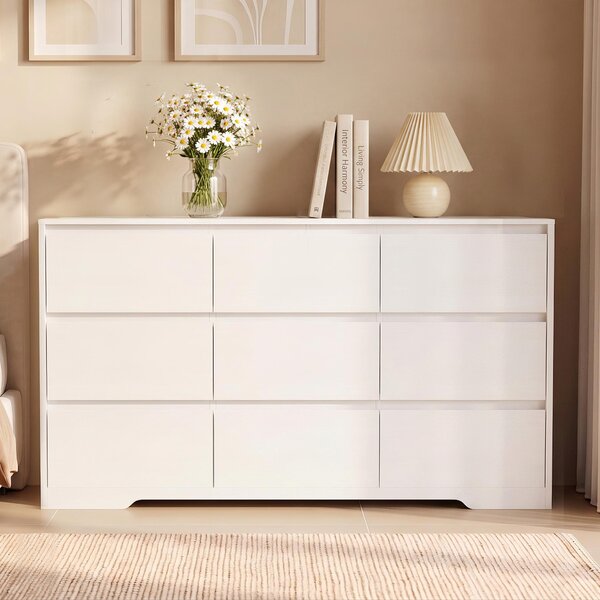 Komoda BEALIFE, rozměry 150x35x75 cm, s 9 zásuvkami | Vyrobena z MDF, s bezpečnostním systémem proti převrácení | Bílá barva | Model AP142