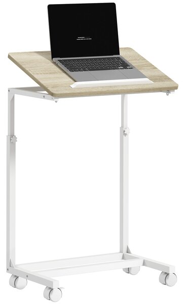 HOMCOM Mobilní Boční Stolek k Pohovce s Nastavitelnou Výškou a Naklápěcí Desktopem, Metalový Rám pro Ložnici, Obývací Pokoj, Kancelář 55x36x62.5-82.5