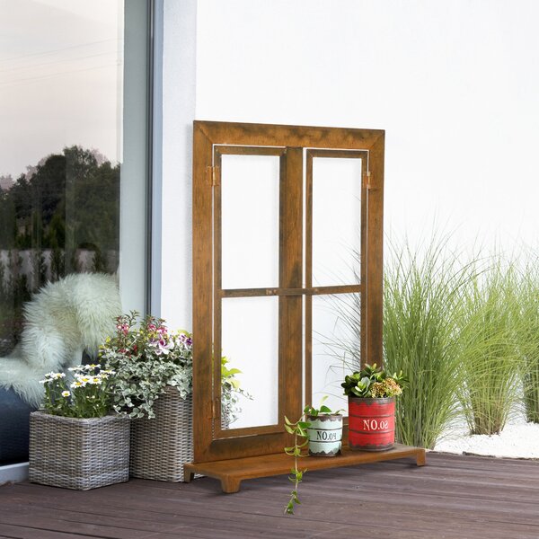 Outsunny Kovové Okno, Rustikální Hnědá Mřížka, Rám Okna 55 x 80 cm s Prahem a Zámkem, Zahradní Dekorace pro Balkon a Terasu, Rustikální Hnědá | Aosom