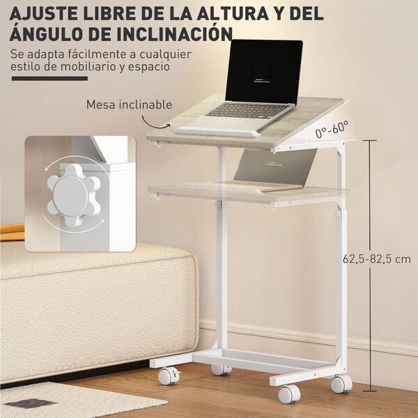 HOMCOM Mobilní Boční Stolek k Pohovce s Nastavitelnou Výškou a Naklápěcí Desktopem, Metalový Rám pro Ložnici, Obývací Pokoj, Kancelář 55x36x62.5-82.5