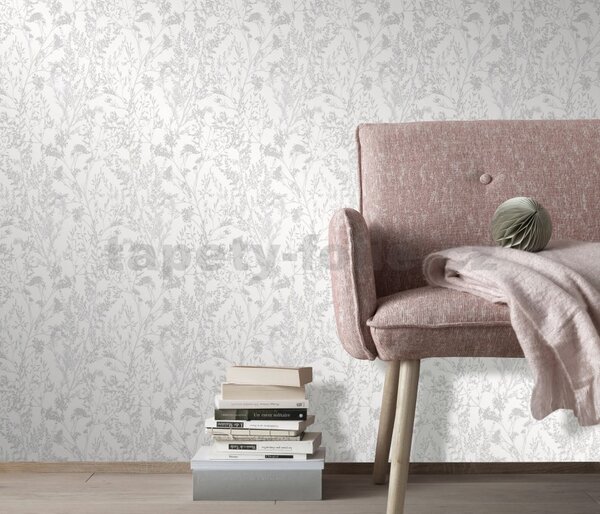 Vliesové tapety na zeď Charisma 10251-01, rozměr 10,05 m x 0,53 m, větvičky stříbrné na bílém podkladu, Erismann