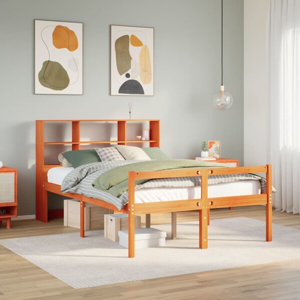 Postel s knihovnou bez matrace hnědá 150 x 200 cm masivní dřevo 3322035