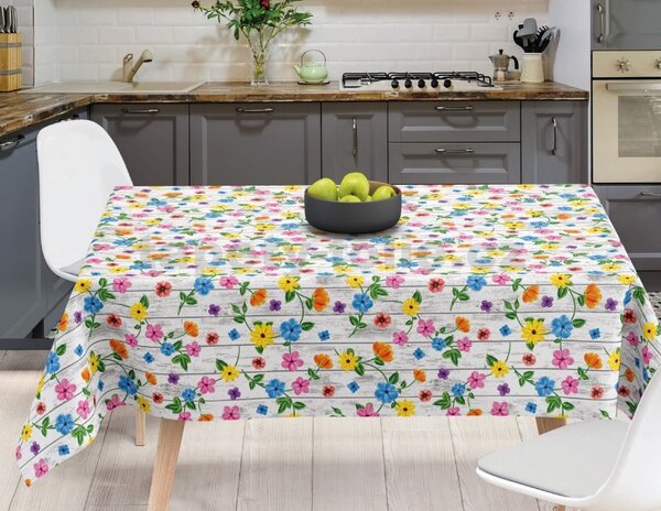 Ubrus PVC 200A barevné květy na dřevěném obkladu metráž, 20 m x 140 cm, IMPOL TRADE