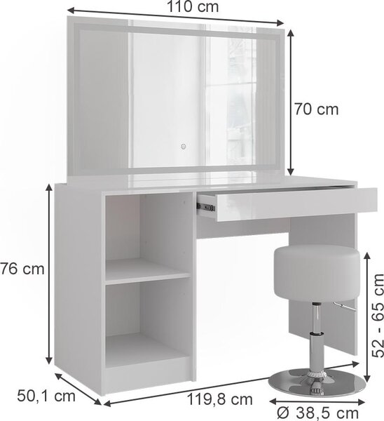 Toaletní stolek Vicco Sherry Bílá/bílý vysoký lesk 119.8 cm 6 dílů, Model 57577