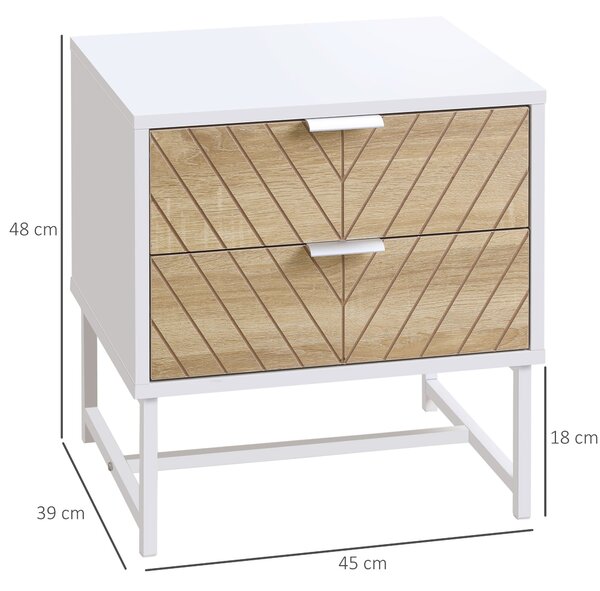 HOMCOM Noční stolek s 2 zásuvkami a ocelovými nohami, moderní design, stolek do obývacího pokoje a ložnice 45x39x48 cm Bílá a dub | Aosom