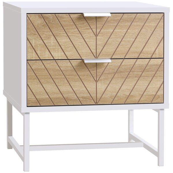 HOMCOM Noční stolek s 2 zásuvkami a ocelovými nohami, moderní design, stolek do obývacího pokoje a ložnice 45x39x48 cm Bílá a dub | Aosom