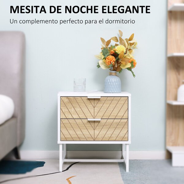HOMCOM Noční stolek s 2 zásuvkami a ocelovými nohami, moderní design, stolek do obývacího pokoje a ložnice 45x39x48 cm Bílá a dub | Aosom