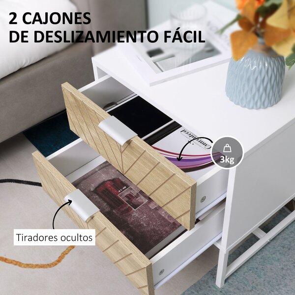 HOMCOM Noční stolek s 2 zásuvkami a ocelovými nohami, moderní design, stolek do obývacího pokoje a ložnice 45x39x48 cm Bílá a dub | Aosom